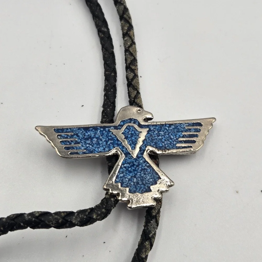 vintage Bolo‎ Western Tie Eagle W/ Crushed Turquoise Inlay Leather Braid Cord